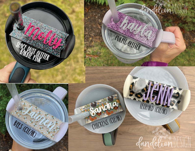 May include: Five different personalized tumbler lids with various glitter and patterned designs. The lids feature names like "Molly", "Kayla", "Jenn", "Lauren", and "Sandra". Each lid has a different design, including space dust glitter, purple glitter, leopard print, bees, and chickens.
