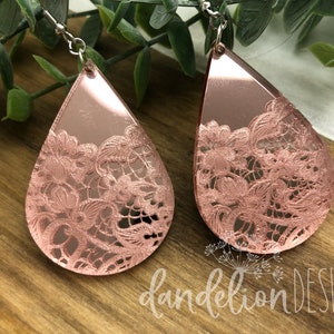 Lace Engraved Rose Gold Mirror Acrylic Earrings Laser Cut