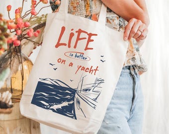 Yacht Life LA Dolce Vita Cotton Canvas Tote Bag, Retro Italian Summer Sardines La Dolce Vida Amalfi Coast Beach Travel, Market Shopper