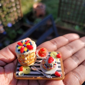 Miniature Waffel Tower with Fruit; one inch scale; 1/12 scale; dollhouse foods; dollhouse miniature food