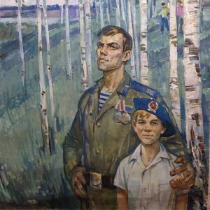 May include: A painting of two men standing in a birch forest. The man on the left is wearing a military uniform with medals and is holding his arm around the younger man on the right. The younger man is wearing a blue beret and a white shirt.