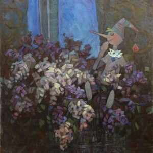 May include: A whimsical painting of a puppet with a long nose, standing in a field of purple and white flowers. The puppet is wearing a colourful hat and a white shirt with a blue collar. The background features a window with a blue sky and a single star.