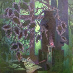May include: An abstract painting with a dark vase holding thorny branches and purple thistle-like flowers. The artwork uses a green and purple colour palette, with a geometric background and a small glass container.