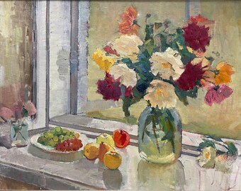 Pintura soviética, década de 1960, bodegón "Verano". Nota: N.P. Glushchenko.