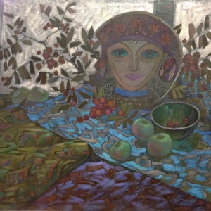 May include: A still life painting depicting a stylised face on a plate, surrounded by apples, berries, and a bowl of berries. The painting is set on a patterned tablecloth with a blue and green background.