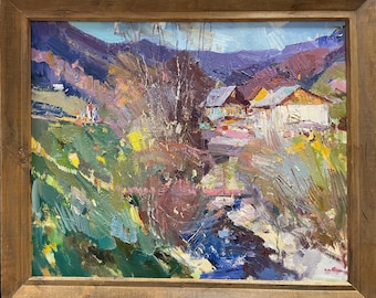 Paisaje "Cabañas en las montañas", 1990, autor: artista soviético Yaroslav Sergeevich Savinykh,