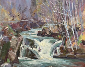 Paisaje "Río Tormentoso" 1980, autor: artista de la URSS Yaroslav Sergeevich Savinykh, nacido en 1952,