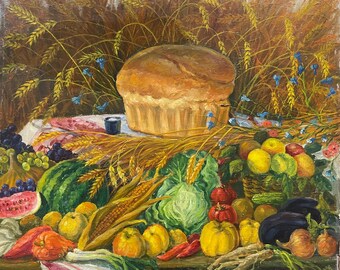 Naturaleza muerta de la URSS "El pan es la cabeza de todo" (1987) de Vasily Timofeevich Kovalchuk (1945-2005)