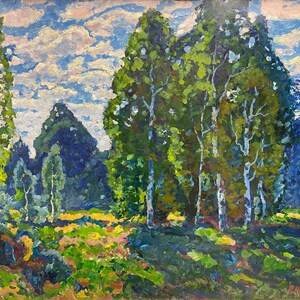 Pintura realismo socialista Paisagem "À sombra das bétulas" 1983 Fundo de Arte da URSS, autor Artista do Povo da Ucrânia Chuikov Evgeny