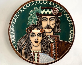 Plato decorativo grande y excepcional de LKSF | Cerámica popular ucraniana pintada a mano | Diseño de Zenoviy Bereza | Decoración de pared esmeralda | Décadas de 1960 y 1970
