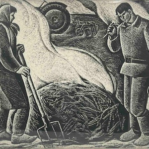 May include: A black and white woodcut print depicting two figures, one holding a shovel and the other holding a bucket, standing in front of a pile of hay. A tractor is visible in the background.