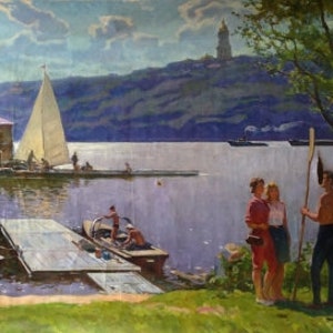 May include: A painting depicting a summer scene with a sailboat on a lake, a group of people on a dock, and a tower in the distance. The painting is done in a realistic style with vibrant colors.