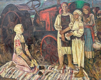 Socialist realism. Original painting of the USSR "The first link of female tractor drivers in Podolia" 1985