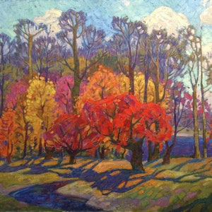 May include: A painting depicting a woodland scene with a stream in the foreground. The trees are in various shades of green, yellow, orange, and red, suggesting autumn. The sky is blue with white clouds.