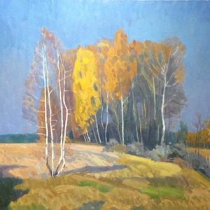 May include: A painting of a group of trees in a field. The trees are mostly yellow and brown, with some green leaves. The sky is blue and there is a field of grass in the foreground.
