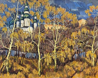Pintura original de la URSS "Paisaje de la Iglesia de Ilyinskaya", 1970, autor: Artista Popular de Ucrania, Anatoly Nikiforovich Shkurko (1924-2019)