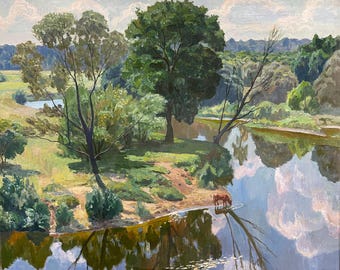 Cuadro original del paisaje soviético "Silencio del mediodía", 1970. Autor: Krasnoshchek Nikolay Nikolaevich, nacido en 1947.