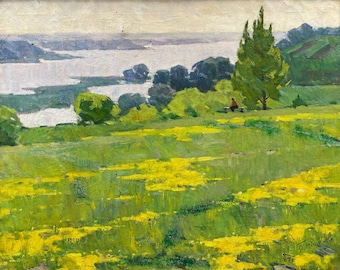 Pintura original de la URSS "Paisaje de primavera. Sobre el Dniéper", 1987, autor y artista Mishchenko Porfiry Matveevich (1918-2005).