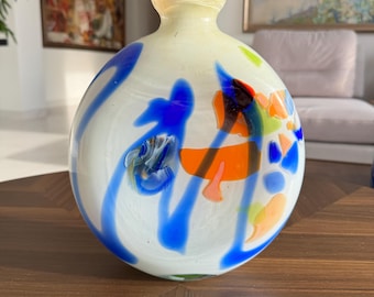 Jarrón vintage de cristal de estudio de Lviv, vidrio artístico soplado a mano, jarrón abstracto con esferas de colores, Ghutne Sklo ucraniano (26 x 24 cm)