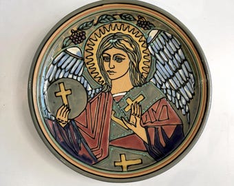Plato de cerámica vintage LKSF | Ángel de Hryhoriy Kichula | Arte popular ucraniano | Decoración de pared de 38 cm | Cerámica coleccionable de la época soviética