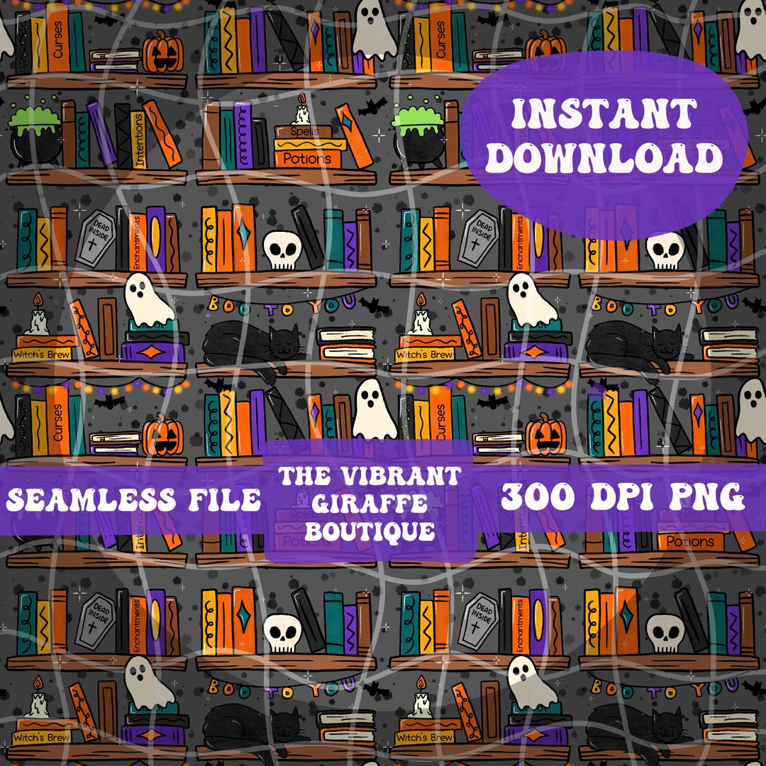 Halloween Bookshelf Seamless Pattern Spooky Digital Download for ...