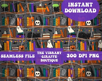 Halloween bookshelf seamless pattern Spooky Digital Download for Digital Papers Vinyl Fabric Surface Design Bookish Book Lovers Skulls Cat
