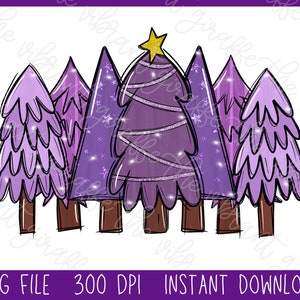 Fioletowe choinki, choinka clipart, fioletowe ozdoby świąteczne, projekt sublimacji bożonarodzeniowej, fioletowa choinka z brokatem