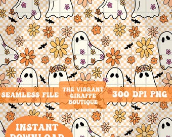 Puede incluir: Patrón sin costuras con fantasmas blancos con coronas florales y detalles, rodeados de flores naranjas, amarillas y rosas, y murciélagos negros. También aparece el texto "THE VIBRANT GIRAFFE BOUTIQUE" y "INSTANT DOWNLOAD".