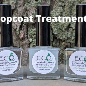 May include: Three clear glass bottles of nail polish with black caps. Each bottle has a white label with the text "ECO Created Colors" and the name of the topcoat: "Super Dry Topcoat", "Matte Finish Topcoat", and "Gel Like Finish Topcoat". Each bottle contains 10.5 ml / .39 oz of polish.