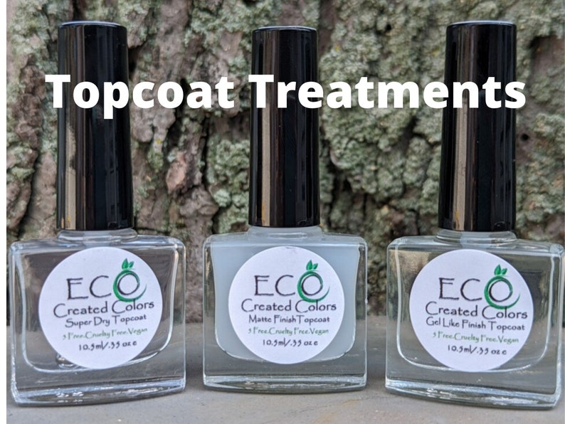 May include: Three clear glass bottles of nail polish with black caps. Each bottle has a white label with the text "ECO Created Colors" and the name of the topcoat: "Super Dry Topcoat", "Matte Finish Topcoat", and "Gel Like Finish Topcoat". Each bottle contains 10.5 ml / .39 oz of polish.