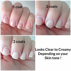 K&ouml;nnte beinhalten: Nahaufnahme von Fingern&auml;geln mit drei verschiedenen Schichten klarem Nagellack. Das Bild zeigt eine Schicht, zwei Schichten und drei Schichten Lack. Die Bildunterschrift lautet "Looks Clear to Creamy Depending on your Skin tone!"