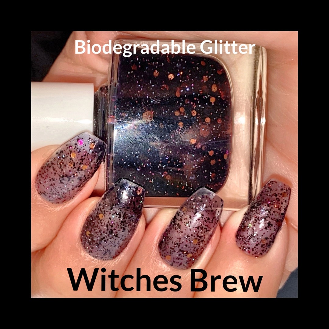 Biodegradable Glitter, WITCHES BREW Black Glitter Nail Polish, Orange