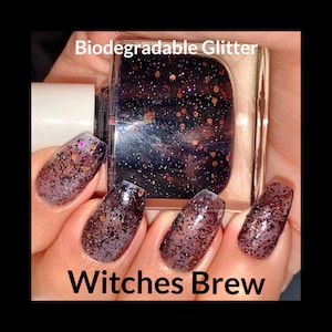 Witches Brew Biodegradable Glitter Nail Polish: Black, Orange, Purple Speckle