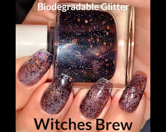 Witches Brew Biodegradable Glitter Nail Polish: Black, Orange, Purple Speckle