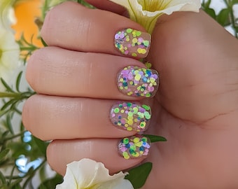 Birthday Bash - Glitter Neon Nail Polish, Purple Green Yellow Blue Speckle Polish