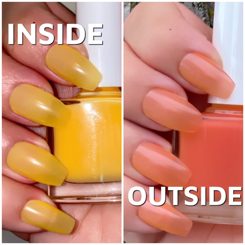 May include: A side-by-side comparison of nail polish colors. The left side shows a yellow nail polish with the word "INSIDE" above it. The right side shows a peach-colored nail polish with the word "OUTSIDE" above it.