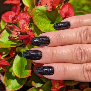 May include: Close-up of a hand with black glitter nail polish on all five nails. The nails are long and have a coffin shape. The hand is resting on a green plant with red flowers.