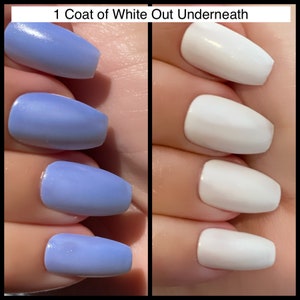 May include: Close-up of two sets of fingernails, one set painted a light blue color and the other set painted white. The caption above the image reads "1 Coat of White Out Underneath".