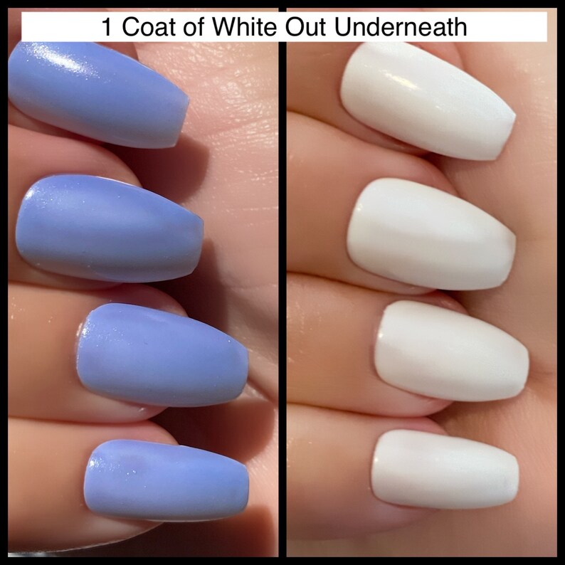 May include: Close-up of two sets of fingernails, one set painted a light blue color and the other set painted white. The caption above the image reads "1 Coat of White Out Underneath".