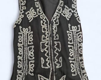 Vintage jaren 90 zijden zijden hemd met kralen medium | Your Destiny - zwart gilet van chiffon met zilveren kralen | Grillige minimalistische avondstatementlaag