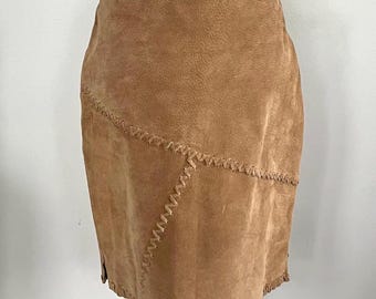 Vintage Wet Seal Genuine Suede Leather Mini Skirt Tan Camel Whipstitch Boho Western Cowgirl Y2K Size 5