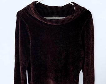 Maglione vintage anni '90 in ciniglia marrone cioccolato taglia L, pullover a coste Rafaella con collo a scialle, top corto minimalista in velluto color espresso con spacco