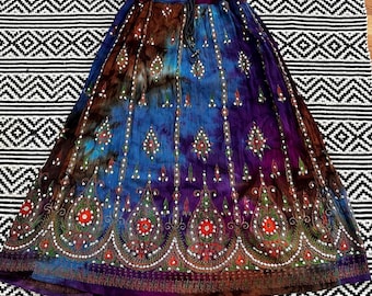 Spódnica maxi w stylu boho z nadrukiem patchworkowym i cekinami, indyjski wiskoza, rozmiar uniwersalny, odzież festiwalowa