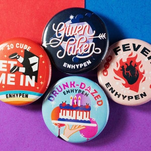 Enhypen UPDATED Pinback Button Badges - 1.25" Given-Taken, 20 Cube, Drunk-Dazed, Fever, Tamed-Dashed, Blessed-Cursed, Future Perfect