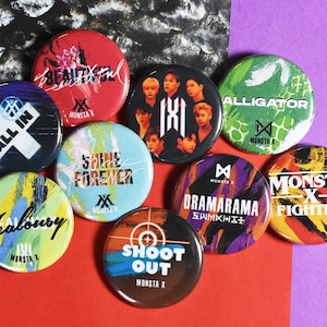 Monsta X UPDATED Pinback Button Badges - 1.25&quot; All In, Beautiful, Shine Forever, Dramarama, Shoot Out, Alligator, Fantasia, Love Killa, etc