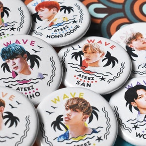 ATEEZ Wave Pinback Button Badges - 1.25" Hongjoong, Yeosang, Wooyoung, Jongho, Yunho, Seonghwa, Mingi, San - ATINY, kpop pins, kpop merch