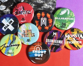 Monsta X UPDATED Pinback Button Badges - 1.25" All In, Beautiful, Shine Forever, Dramarama, Shoot Out, Alligator, Fantasia, Love Killa, etc