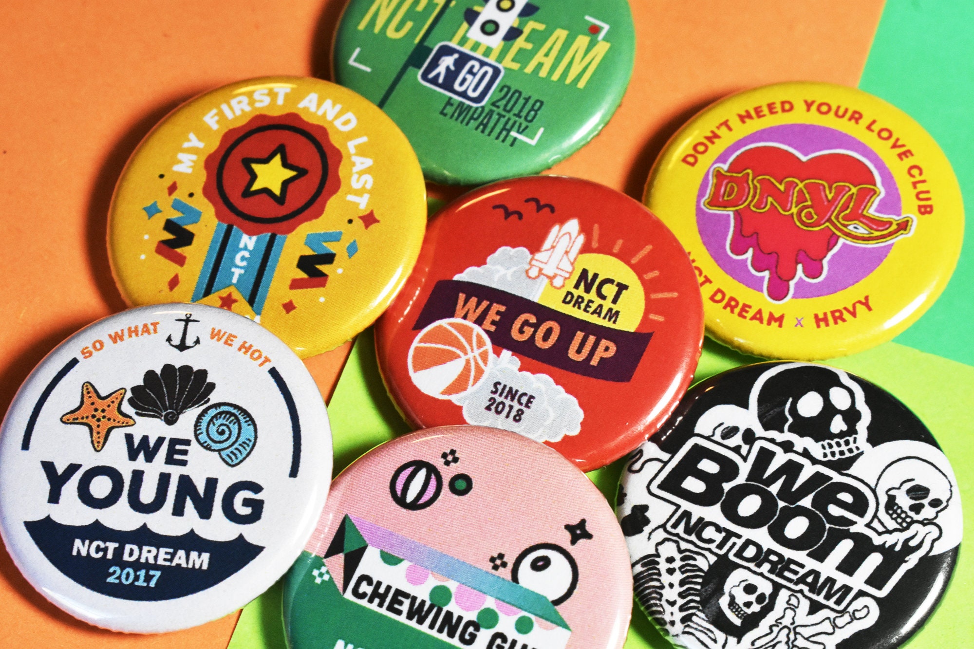 NCT Dream UPDATED Pinback Button Badges - 1.25" Chewing Gum, MFAL, We Young, We Go Up, Go, Dnyl, Boom, Ridin, Hot Sauce, Hello Future