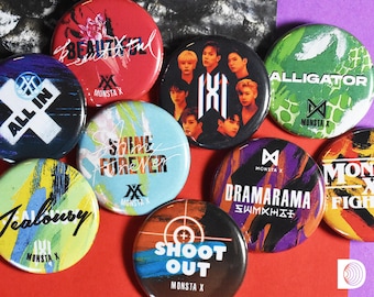 Monsta X Pinback Button Badges (1.25in / 3.17cm) – All In, Beautiful, Shine Forever, Dramarama, Alligator, Fantasia, Love Killa & more