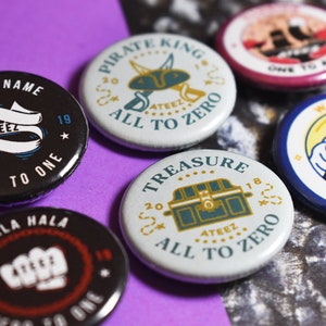 ATEEZ Pinback Button Badges - 1.25&quot; Pirate King, Treasure, Say My Name, Hala Hala, Wave, Illusion - ATINY, kpop pins, kpop gift